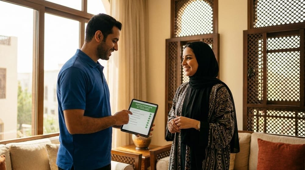 Certified technician presenting digital warranty and service report